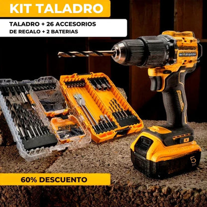 KIT TALADRO DEWALT DE ALTO IMPACTO + 26 ACCESORIOS + 2 BATERIAS DE REGALO